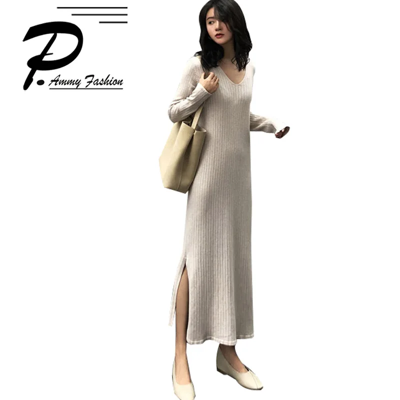 

Oversized Korean knit long v-neck loose side slit sweaters dress women fashion 2018 Autumn winter new solid color Long sweater