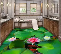3D полы ванная комната пользовательские зеленый 3d пол лотосов карп самоклеющиеся носить нескользящей пвх водонепроницаемой пвх-ролл полы