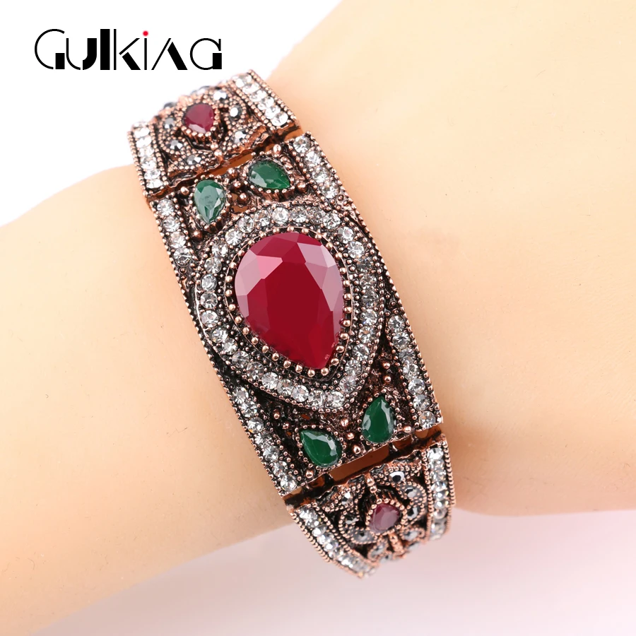 

Gulkina 2017 New Turkish Bijuterias Hand Jewelry Vintage Women Party Bangles Antique Gold Color Red Acrylic Bracelets Big Bangle
