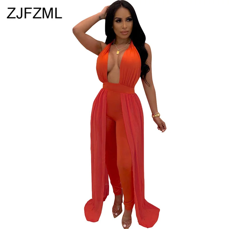 

Neon Orange Mesh Patchwork Skinny Bodysuit Women Deep V Neck Sleeveless One Piece Overall Summer Halter Backless Party Jumpsuit