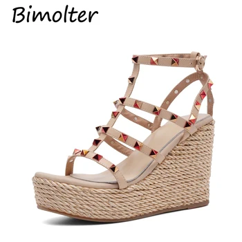 

Bimolter Platform sandals High Wedges Heels Back Strap Shoes Fashion Rivets Genuine Leather Sandals Sweet Prom Shoes FC078
