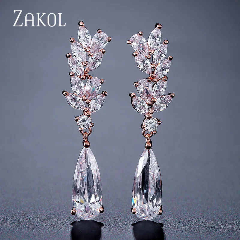ZAKOL Sliver Color Flower Shape Zircon Water Drop Crystal Pendant Drop Earrings For Women Bridal Wedding Jewelry FSEP50L