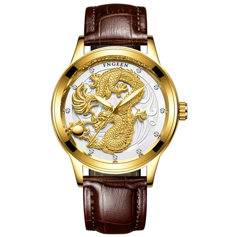 3D резьба циферблат часы с изображением дракона мужские водонепроницаемые светящиеся наручные часы мужские часы лучший бренд класса люкс известный человек кварцевые часы Relogios - Цвет: leather gold white