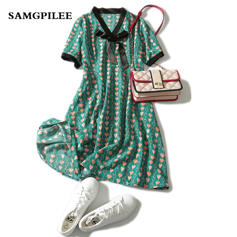 

Plus Size Real 2019 New A-line Print Short Sleeve Bow Knee-length Natural Summer Fashion Women Dresses L-3xl