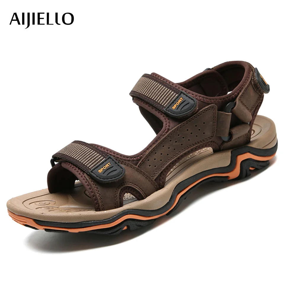 

2018 AIJIELUO Men Sport Sandals Genuine Leather Summer Breathable Men Sport Slippers Outdoor Cool Beach Shoes big size 38-45