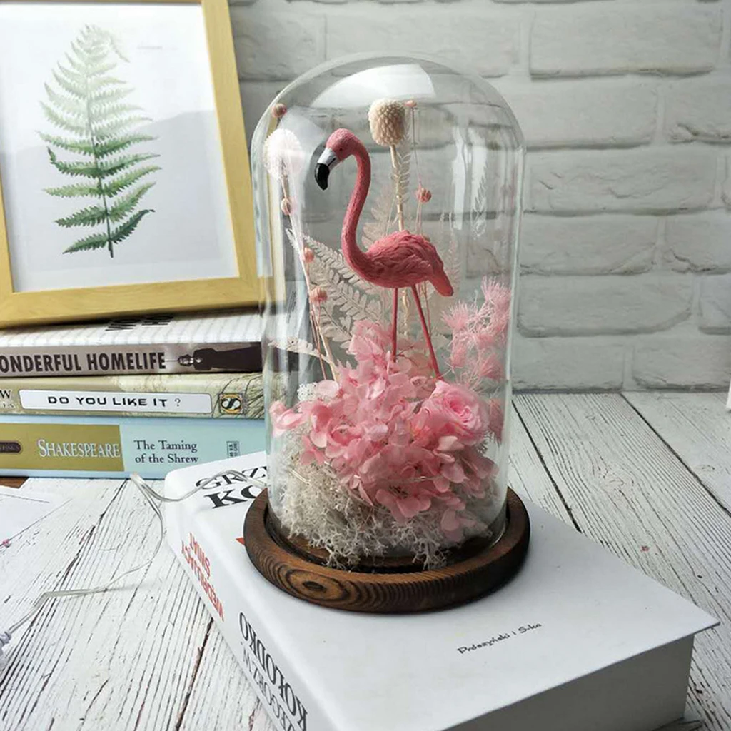 Flamingo and Flowers with LED Light In Glass Dome for Home Decoration