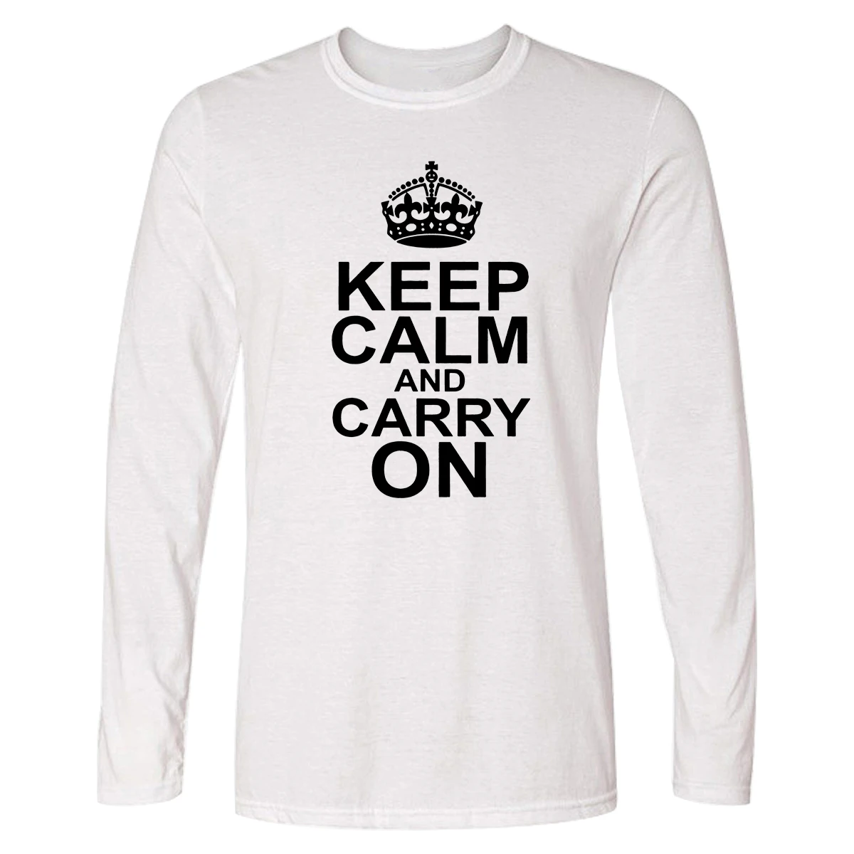 Мужская футболка с длинным рукавом Keep Calm And Carry On белая из 100% хлопка буквенным