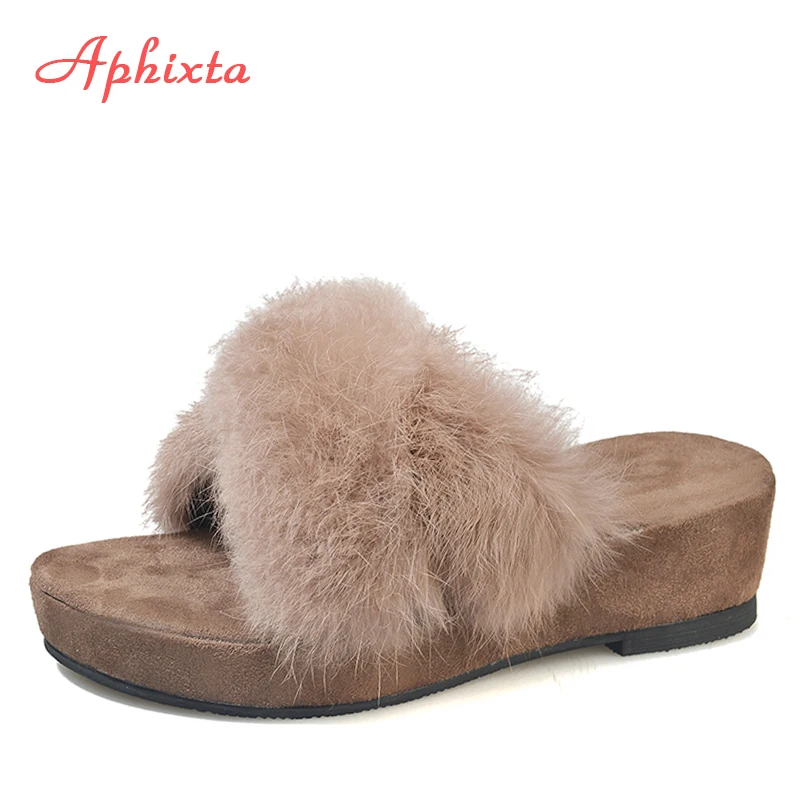 

Aphixta Shoes Woman Platform Slippers For Women Real Animal Fur Winter Women Slippers Wedges High Heels Warm Rabbit Hair Shoes