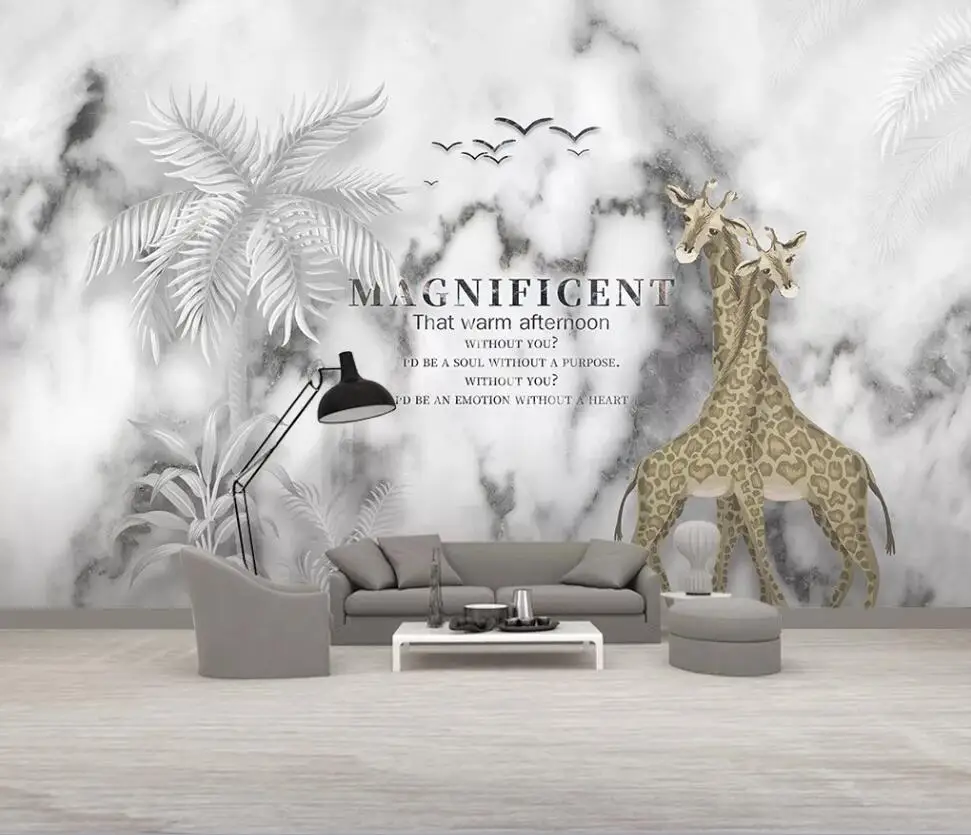 

Customized large-scale 3D mural European creative tropical rainforest giraffe marble background wall decoration wallpaper