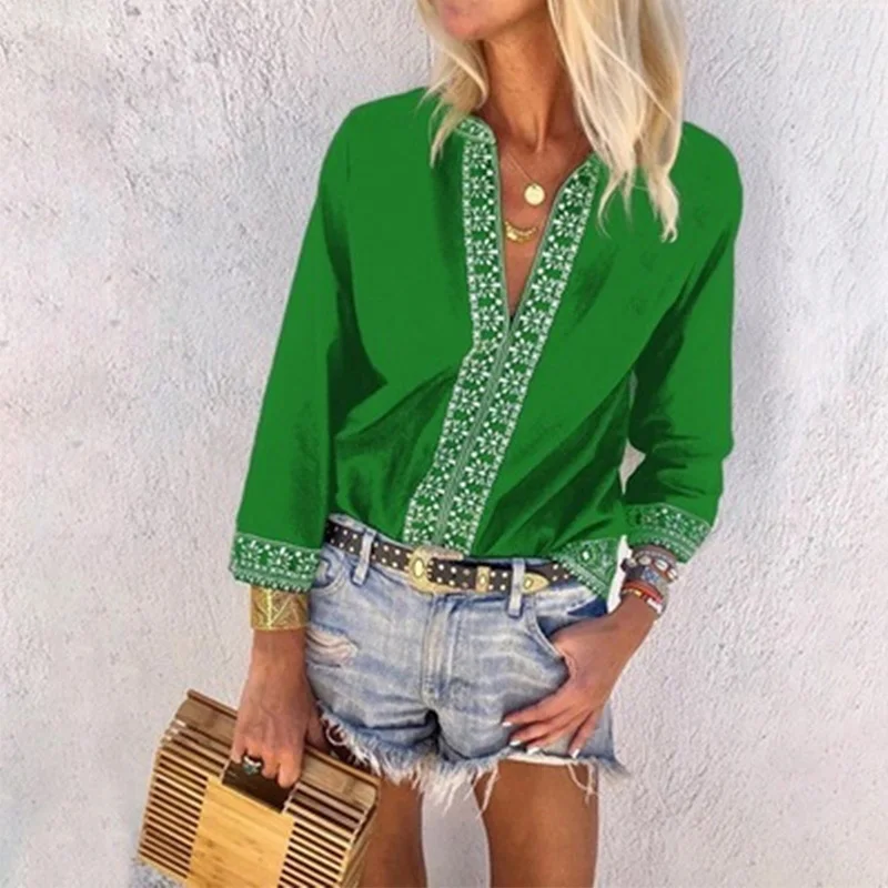 Женская винтажная Лоскутная рубашка с v-образным вырезом, с длинным рукавом, женская блузка, большие размеры 5XL, топ, летняя женская повседневная одежда - Цвет: Зеленый
