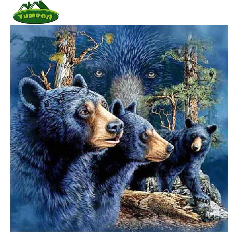 YUMEART Needlework 3D DIY Diamond Painting Cross Stitch Crystal Diamond Embroidery Forest Black Bear Full Diamond Set Decorative