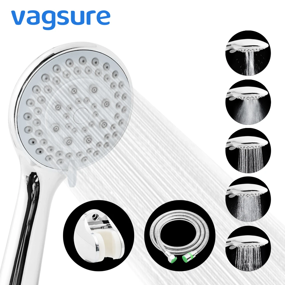 

Five Function Adjustable Shower Head ABS Chrome Bathroom Bath Shower Water Saving High Pressure Round Shape Handheld Hose Nozzle