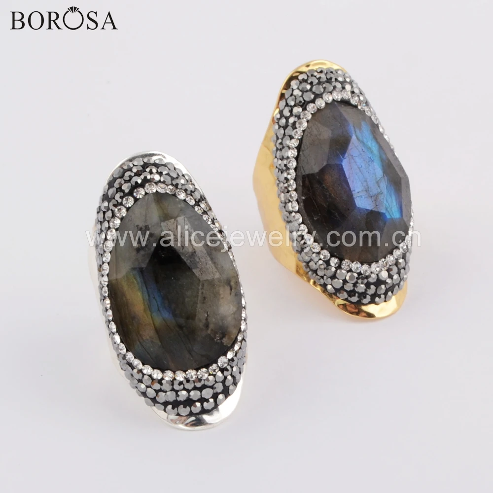 

BOROSA 5PCS Gold Color Teardrop Natural Stone Faceted Gems Ring Natural Labradorite Wedding Ring JAB957