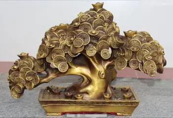 

17" Chinese Bronze Wealth Money Yuanbao Shake Qian Shu Scenery Tree Statue