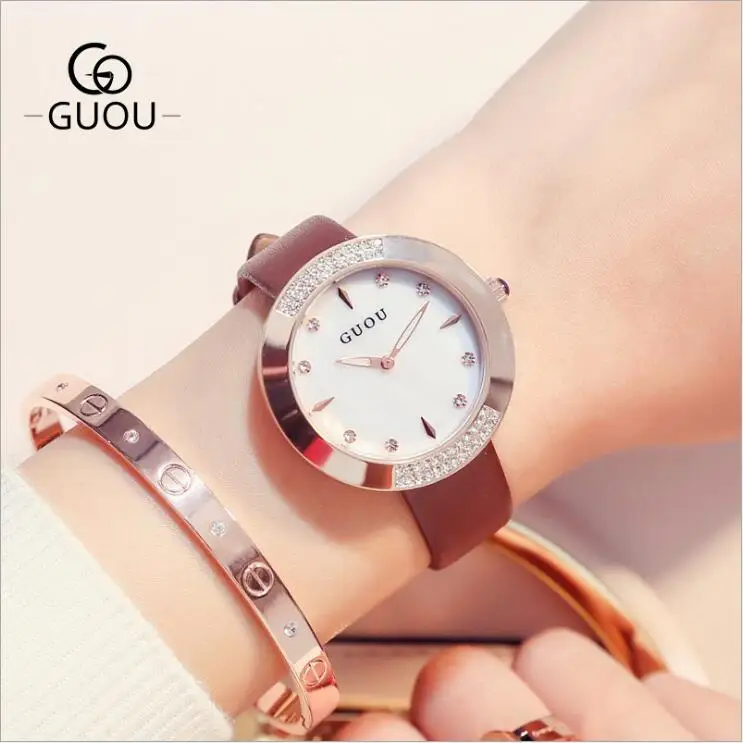 

GUOU Watch Women Luxury Rhinestone Wrist Watches Fashion Diamond Women Watches Leather Ladies Watch Clock saat relogio feminino