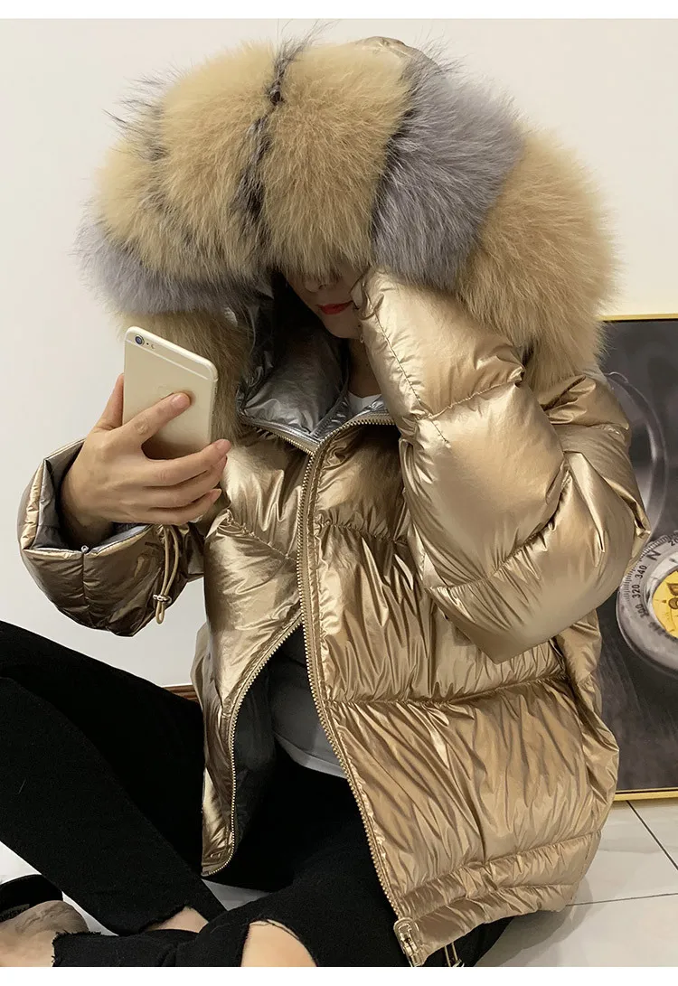 Зимнее пуховое пальто из блестящей ткани золотистого и серебряного цвета с большим воротником из натурального Лисьего меха, с капюшоном, женская одежда с капюшоном, теплые пуховые парки wq631