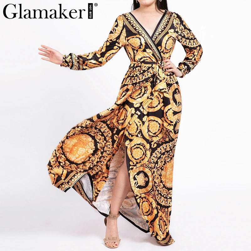 Glamaker Vintage split christmas dress Women winter elegant print maxi dress long sleeve Autumn loose party boho sexy dress robe