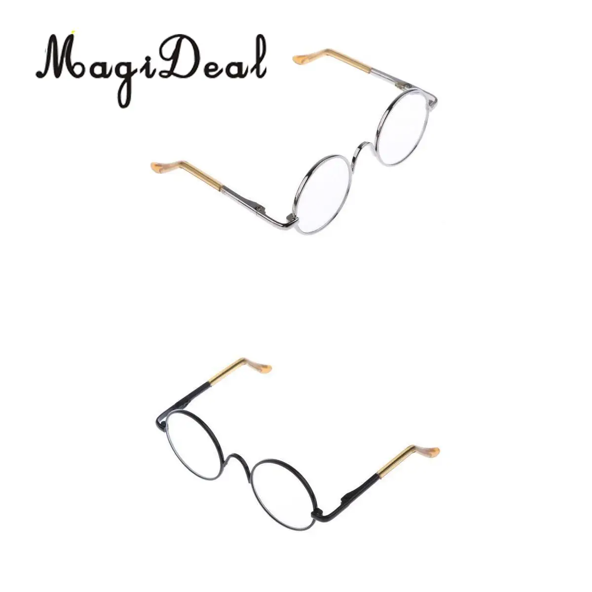2 Pairs of Retro Hippy Style Round Metal Frame Clear Lens Eye Glasses Eyewear with Silver & Black Frame for Dolls Accessories