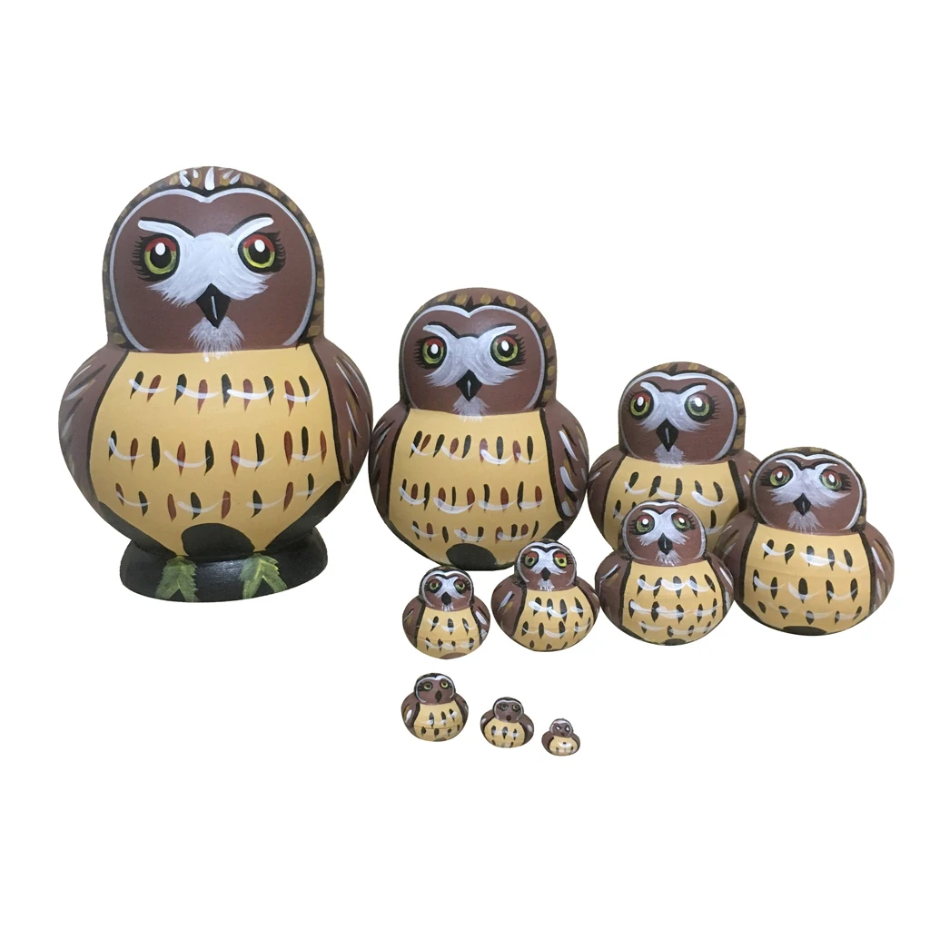10 PCS Owl Handmade Wooden Russian Nesting Dolls Matryoshka For Kids Toy