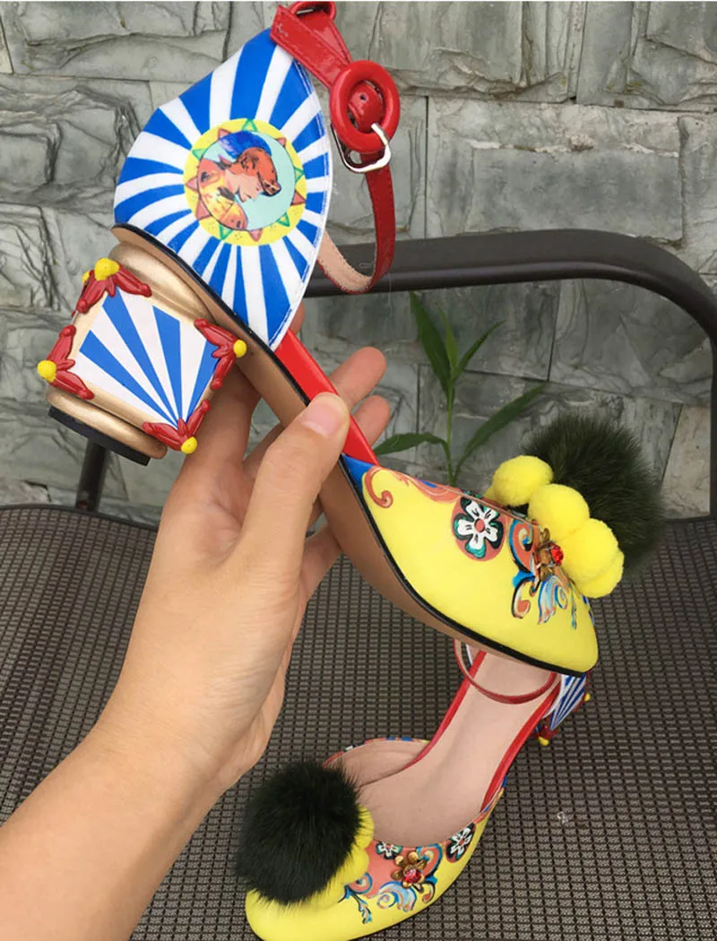 Women Sandals Fashion Print Strange Heel Pumps Fur Ball Metal Decoration 2018 Summer Ladies Dress Party High Heels Shoes Woman (5)
