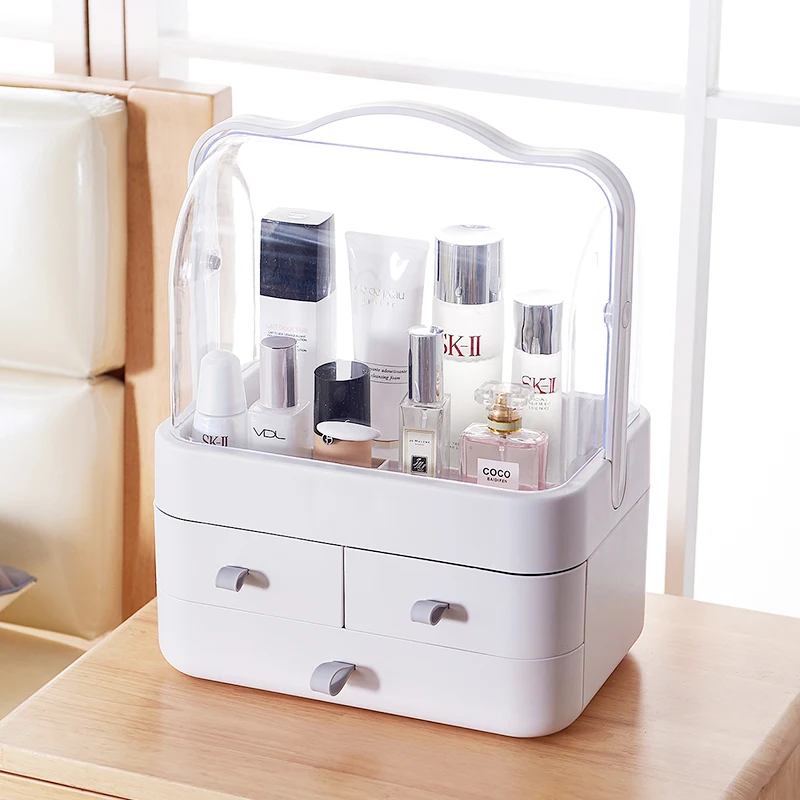  Fashion Double door dust-proof cover with drawer transparent cosmetics storage box 29*17.5*36.5cm