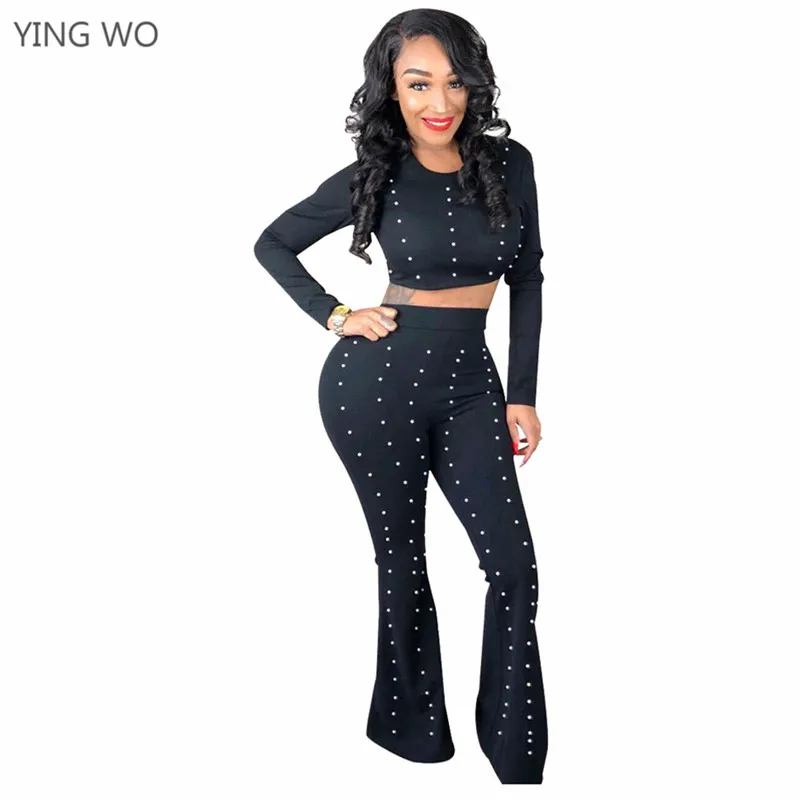 Pearls Details Black Fashion Two Pieces Set Streetwear Style O Neck Long Sleeve Crop Tops Elastic Waist Flare Pants Suit Online