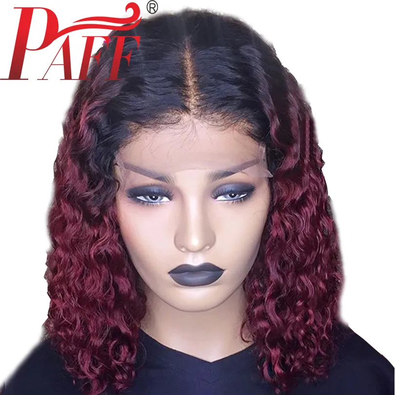  PAFF 13*4 Short Curly Human Hair Wig Ombre Red Lace Frontal Human Hair Burgundy Lace Front Wigs Wit