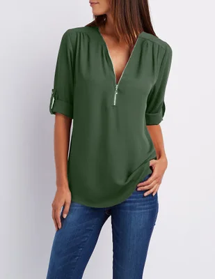 Женские рубашки на молнии с коротким рукавом, сексуальные женские топы с v-образным вырезом, блузки, повседневные футболки, женская одежда размера плюс - Цвет: Зеленый
