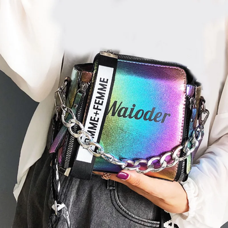 Multicolor WENYUJH Женская Изысканная сумка через плечо INS Популярная женская сумка Праздничная PU сумка-мессенджер Лазерная женская сумка на плечо с надписью - Цвет: Multicolor