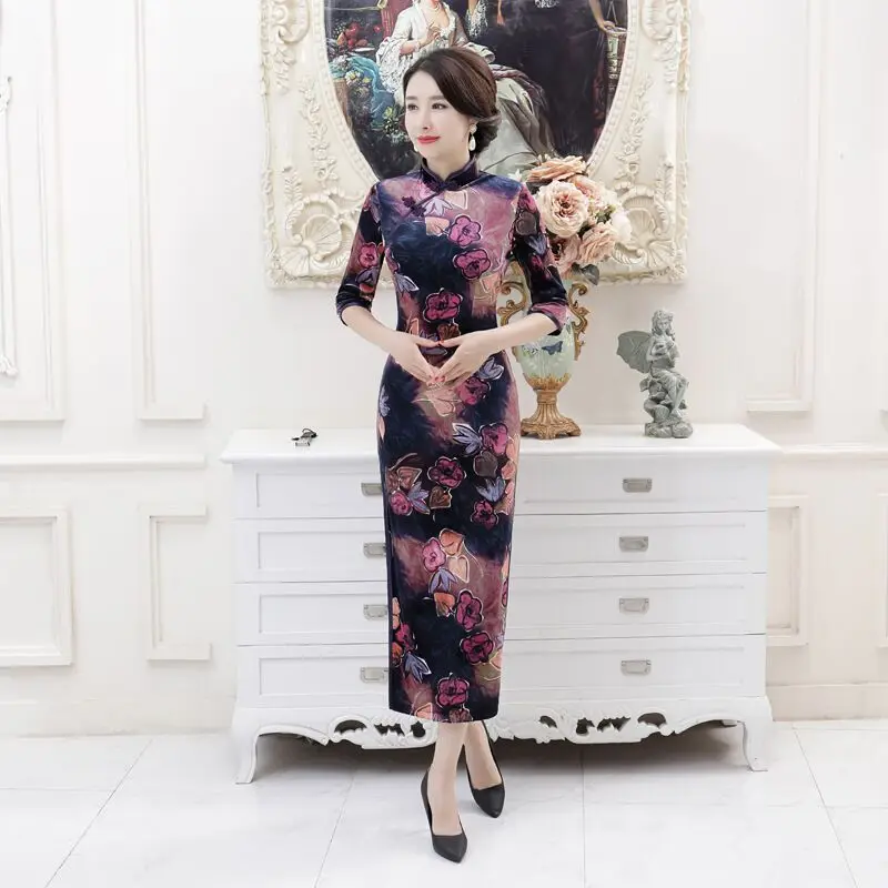 Новое поступление, женское велюровое длинное платье Cheongsam, модное платье в китайском стиле, элегантное платье Qipao Vestido, Размеры S M L XL XXL XXXL 4XL T0043 - Цвет: T0046