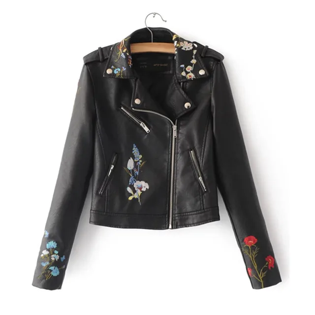 Flower Embroidery Pu Leather Coat 2017 Spring Yellow Faux Leather