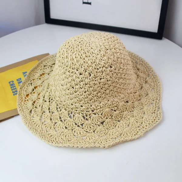 Летняя женская шляпа ручной работы, соломенные шапки, вязаные крючком, длина дуги, полый солнцезащитный козырек, складная женская шляпа от солнца, уличные шапки