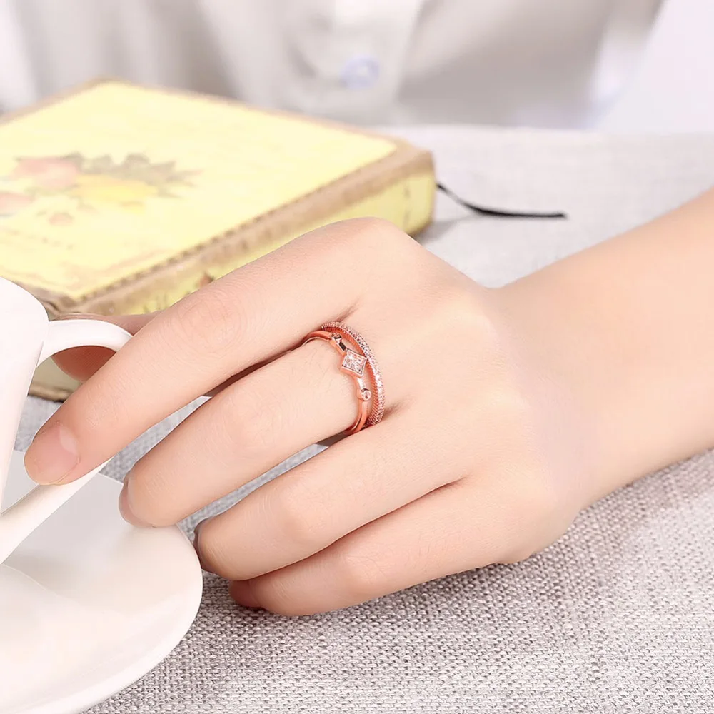Hot Selling 2 Color Unique Double Rows Women Ring Trendy Rose Gold Color Square Zircon Ring For Party (JewelOra RI102259)