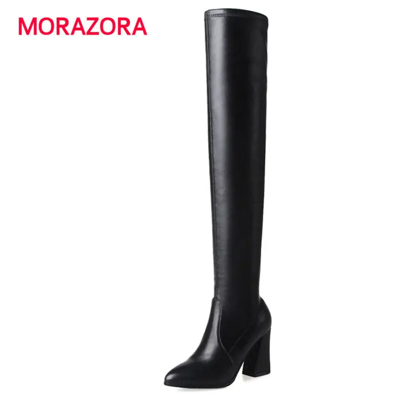 

MORAZORA 2018 new autumn winter pointed toe pu+genuine leather boots short plush over the knee boots high heel women boots