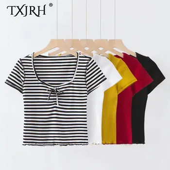 

TXJRH Sexy Square Collar Pullover Tied Bow Striped Crop Short T-Shirt Slim Fashion Women Thread Ruffle Hem Tee Tops 5 Colors
