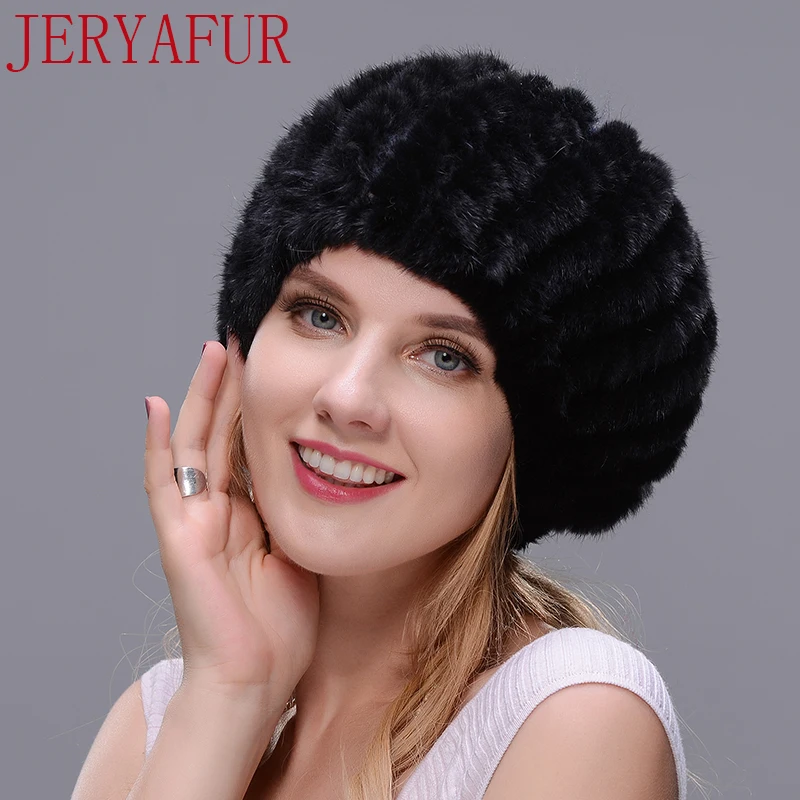 Женская шапка берет JERYAFUR теплая вязаная из меха норки с помпоном для защиты ушей