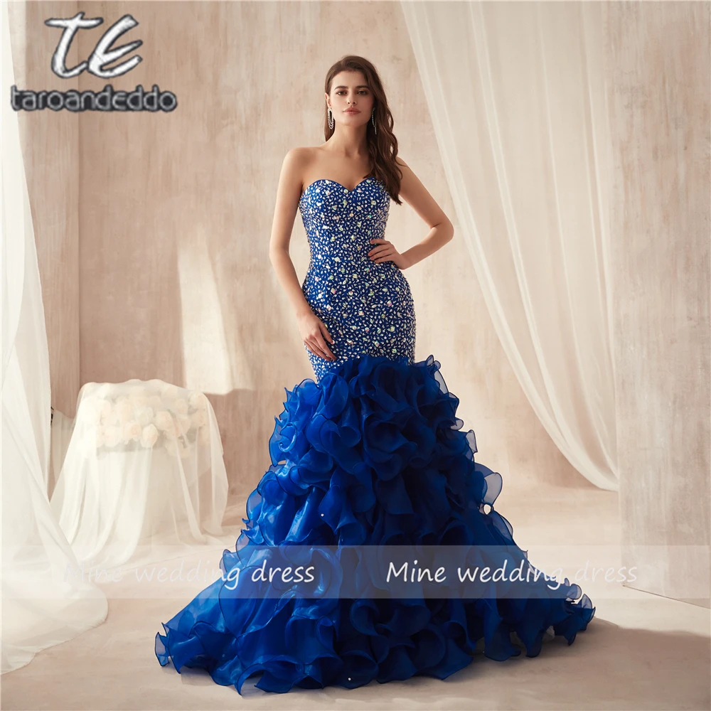 

Strapless Royal Blue Colorful Beading Mermaid Prom Dresses Ruffled Organza Plus Size Famous Evening Gowns Party Gowns
