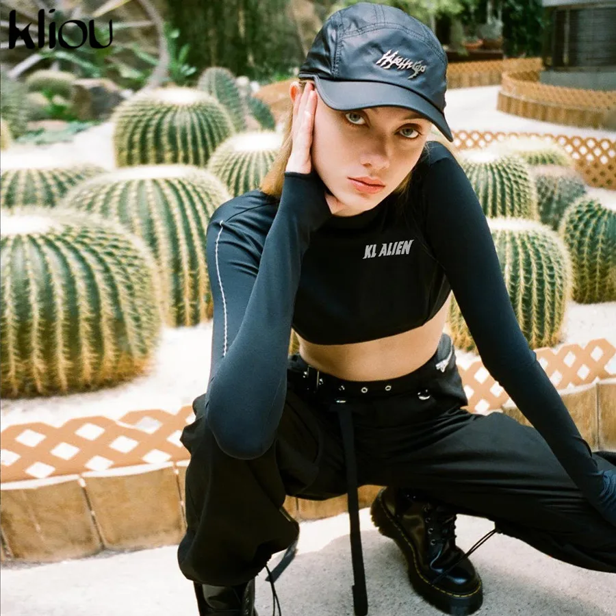 

Kliou sexy short crop top women fashion turtleneck full sleeve Thumb hole t-shirt 2019 hot sell reflective letter print clothes
