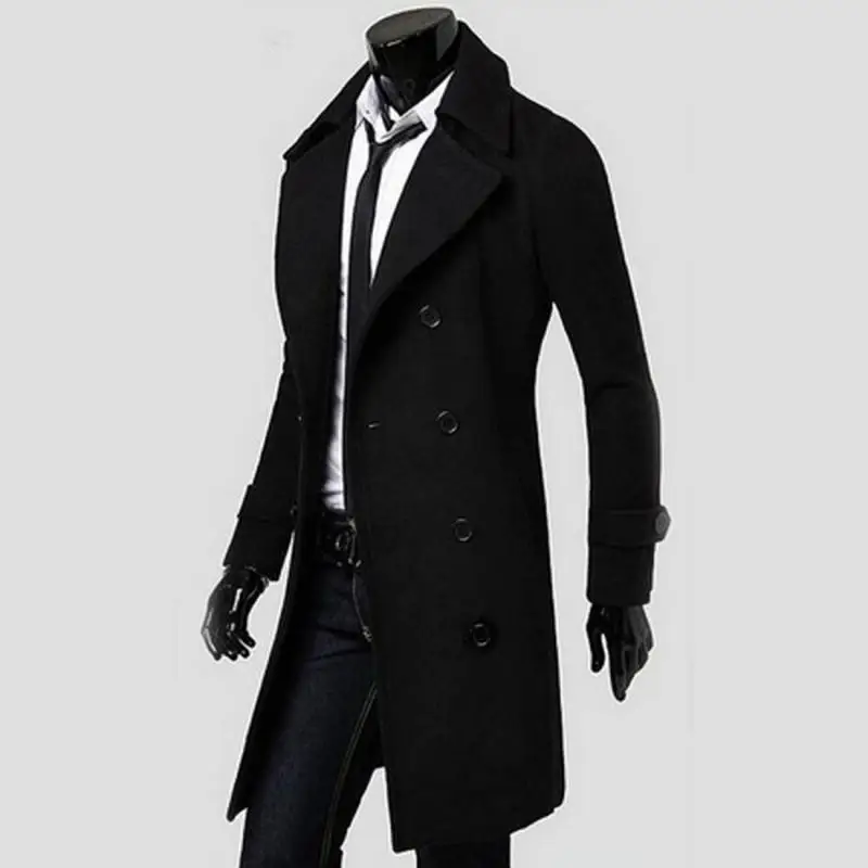 Men Winter Wool Coat Double Breasted Peacoat Slim Overcoat Long Jacket Outwear