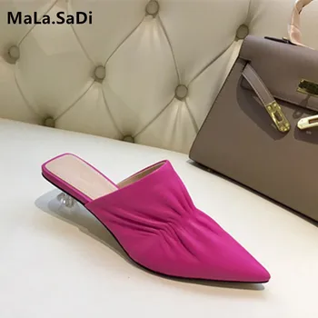 

Hot Sale New 2019 Pointed Toe Crystal heels Slippers Women Fashion Sheepskin Leather sandals Sexy Strange Heel Summer Shoes
