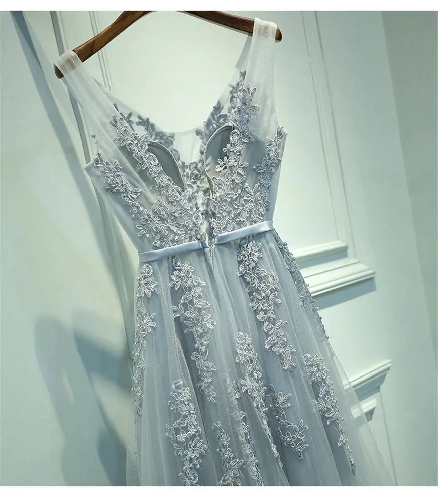 Элегантное Тюлевое без рукавов серебряное длинное платье для выпускного вечера аппликация v-образный вырез платье для выпускного вечера vestido de gala