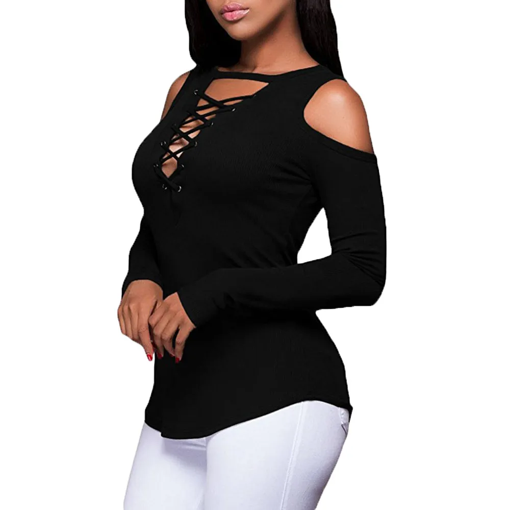 

Free Ostrich 2019 Top Womens Sexy Solid Strapless V-Neck Bandage Long Sleeve T-Shirt Tops funny t shirts short feminino C1340