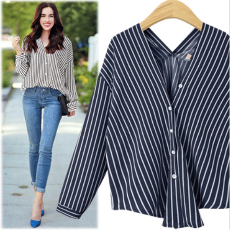 Женская рубашка с v-образным вырезом полосатая Свободная рубашка с ...