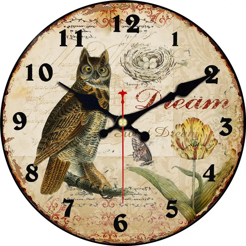 Потертый шик, парижские пейзажи часы, антикварные настенные часы, часы дом - Цвет: Owl Wall Clock 5
