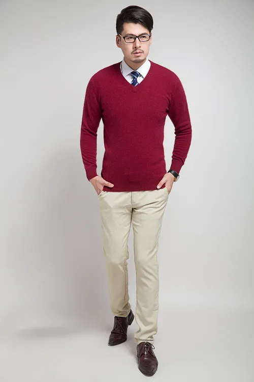 Новые модные кашемировые свитера мужские осенние и зимние пуловеры мужские с v-образным вырезом трикотажный кашемировый свитер высокого качества 13 цветов s-xxl - Цвет: dark red
