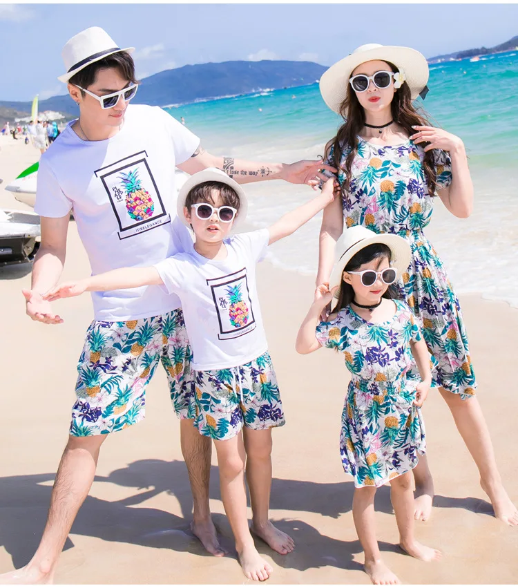 Family Matching Clothing Bohemian Pineapple Printed Mother Daughter Dress Dad Son Boys Tshirts And Shorts 19