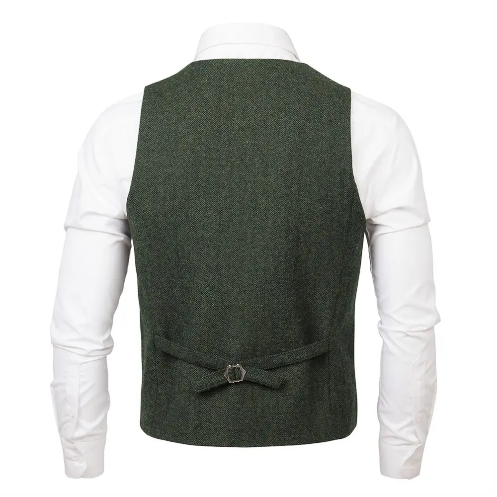 VOBOOM Green Wool Tweed Suit Vest Mens Waistcoat Single-breasted Herringbone Casual Fitted Suit Vests 007