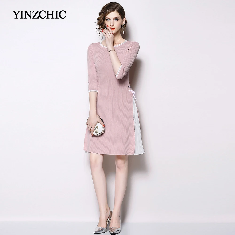 

Womans Slim Autumn Knitted Dress O-Neck Furcal Female Casual Midi Dress Lace-Up A-Line Knit Dresses Women