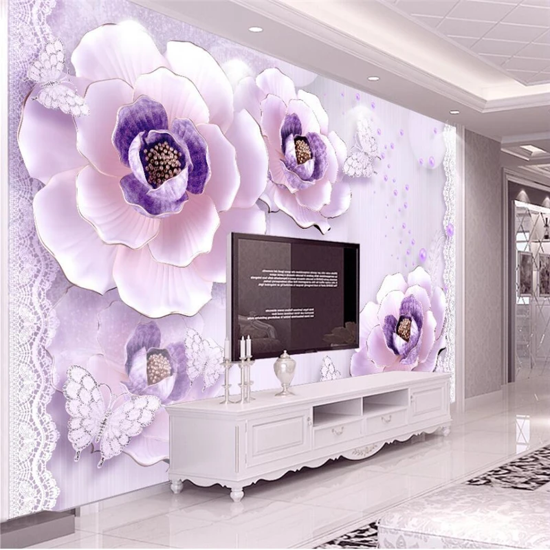 

beibehang 3D three-dimensional relief romantic purple peony European-style TV background wall custom large mural green wallpaper