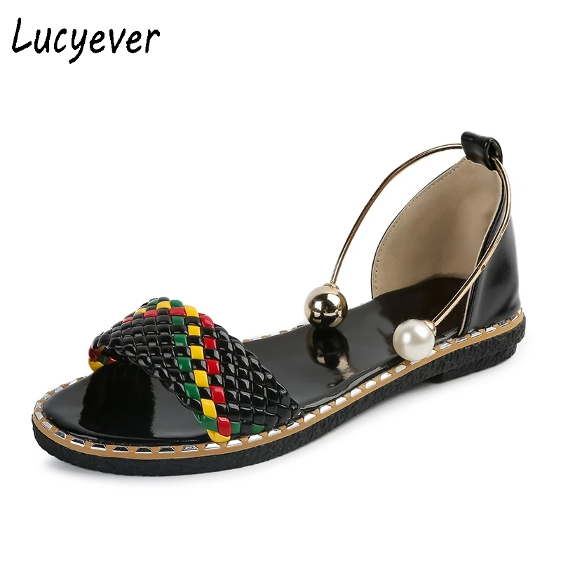 

Lucyever Women Comfortable Flats Sandals Open Toe Platform Shoes Woman 2017 Summer Straw Braid Mixed Colors Pearls Casual Shoes